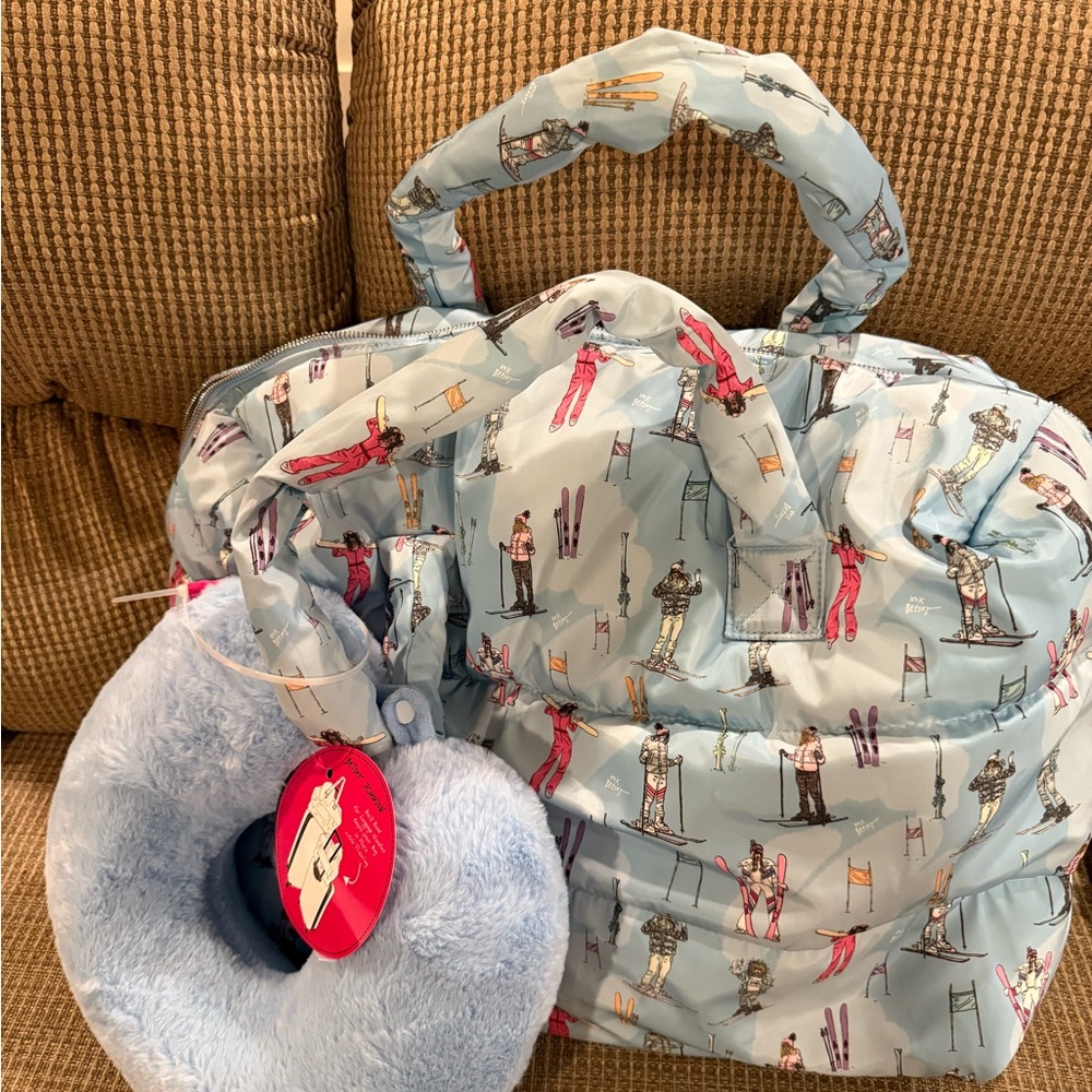 Betsey Johnson Ski Print Puffer Tote Bag with Blue Neck Pillow (new with tag)